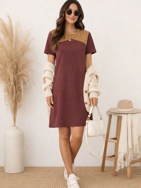Vera Fishbaugh Color Block Midi Shift Dress Maroon Tan Size M
